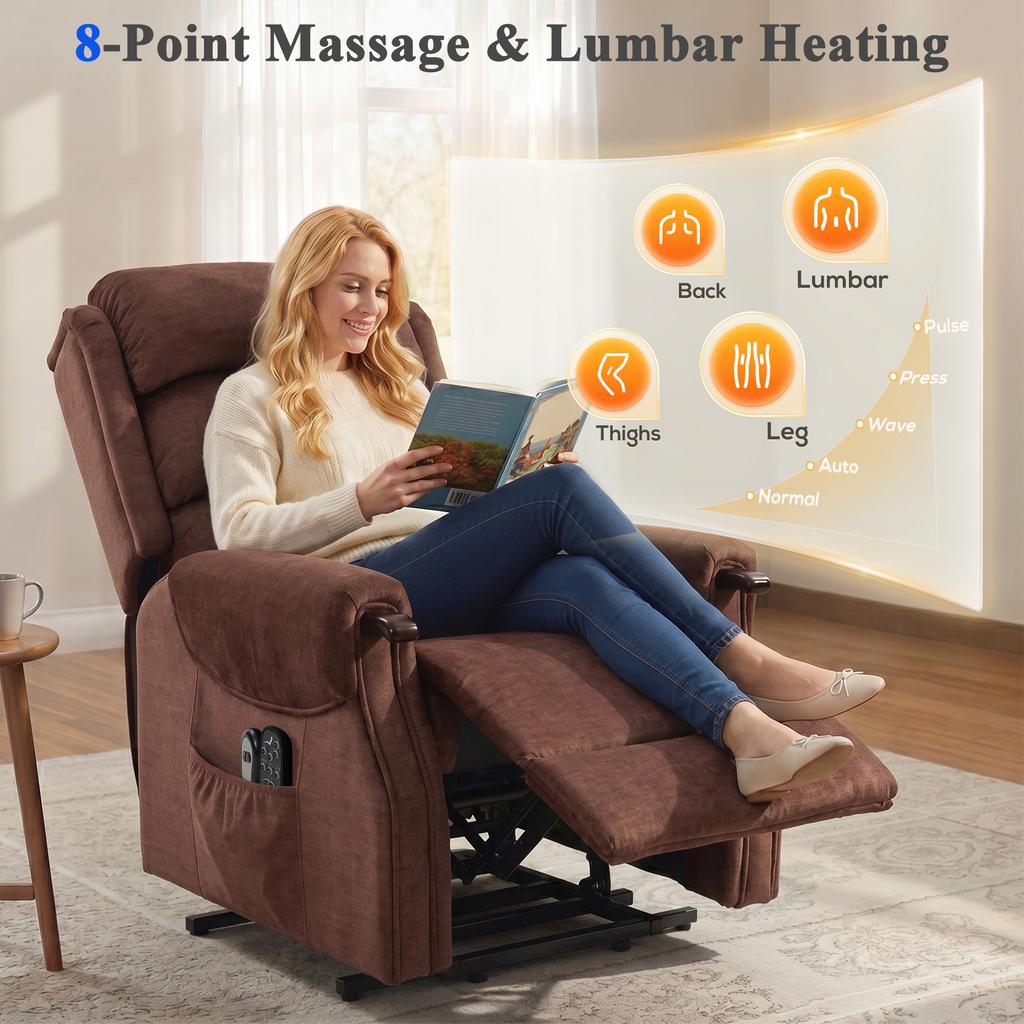 Power Lift Recliner with Vibration Massage and Heat, Lift Chair for Tall with Wood Grip, Pocket Spring, Brown