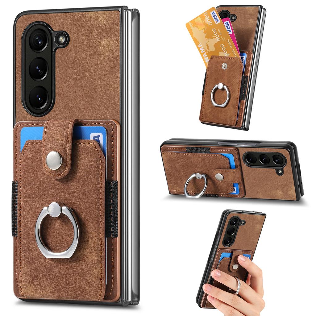 D2 Für Samsung Galaxy Z Fold6 5G Hülle Kartenfach Ring Ständer Leder+PC Handyhülle