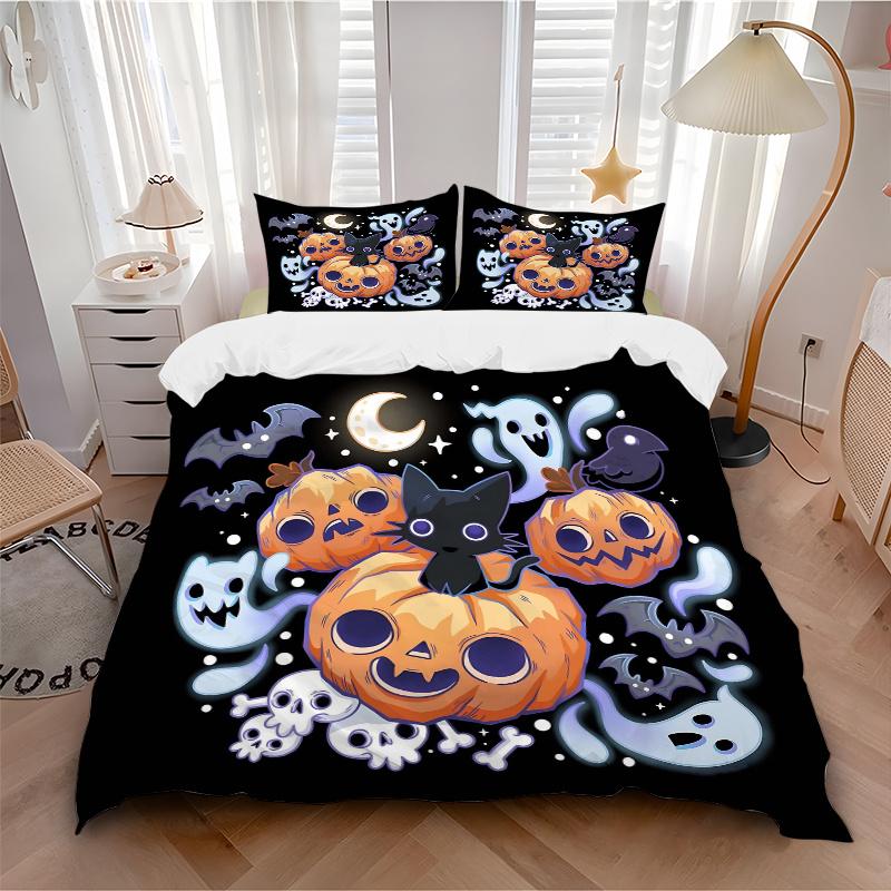 3pcs Halloween Theme Cat & Pumpkin Bedding Set - Includes 1 Quilt Cover and 2 Pillowcases, Comfortable Bedding with Stylish Design for Bedro