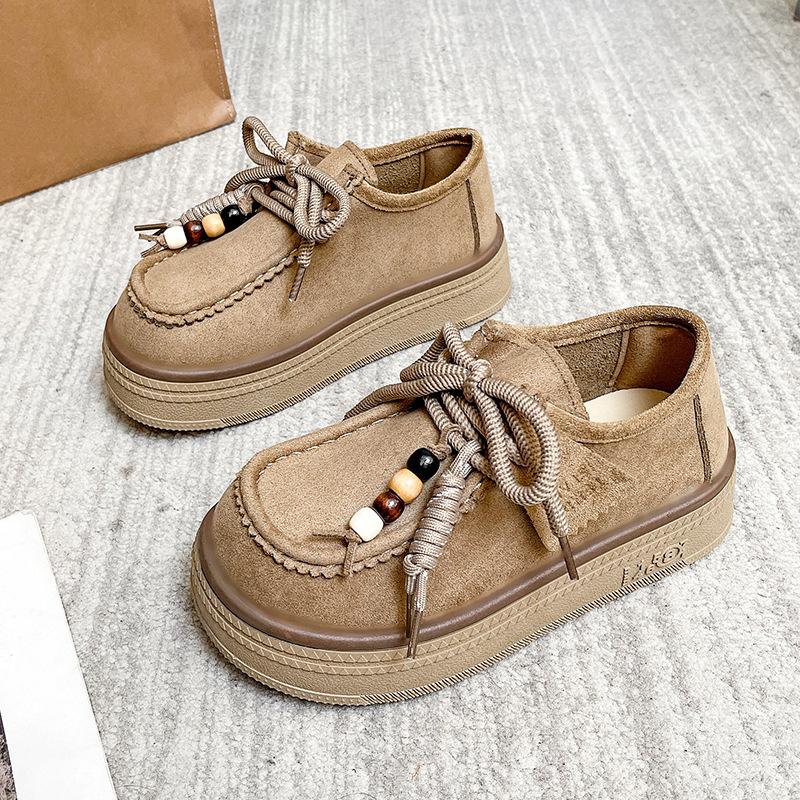 Leather platform women's all-inclusive lace-up kangaroo shoes heightening women's shoes new loafers small leather shoes single shoes