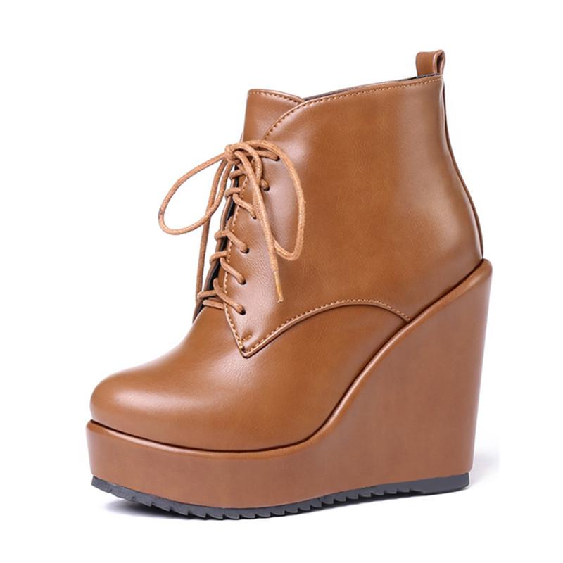 Fashion 2025 Autumn Winter New Stylish Women Ankle Boots Sexy Platform Round Toe Wedges Booties Ladies Boats Mujer Size 32-43 Black Beig