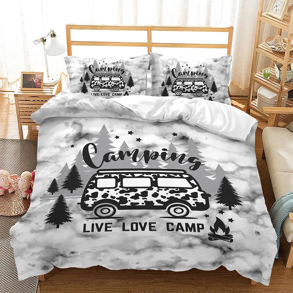 Camper Time Print Bedding Set 3D Camping Car Duvet Cover Travel Theme Cartoon Camping Comforter Cover Full King For Teens Adult
