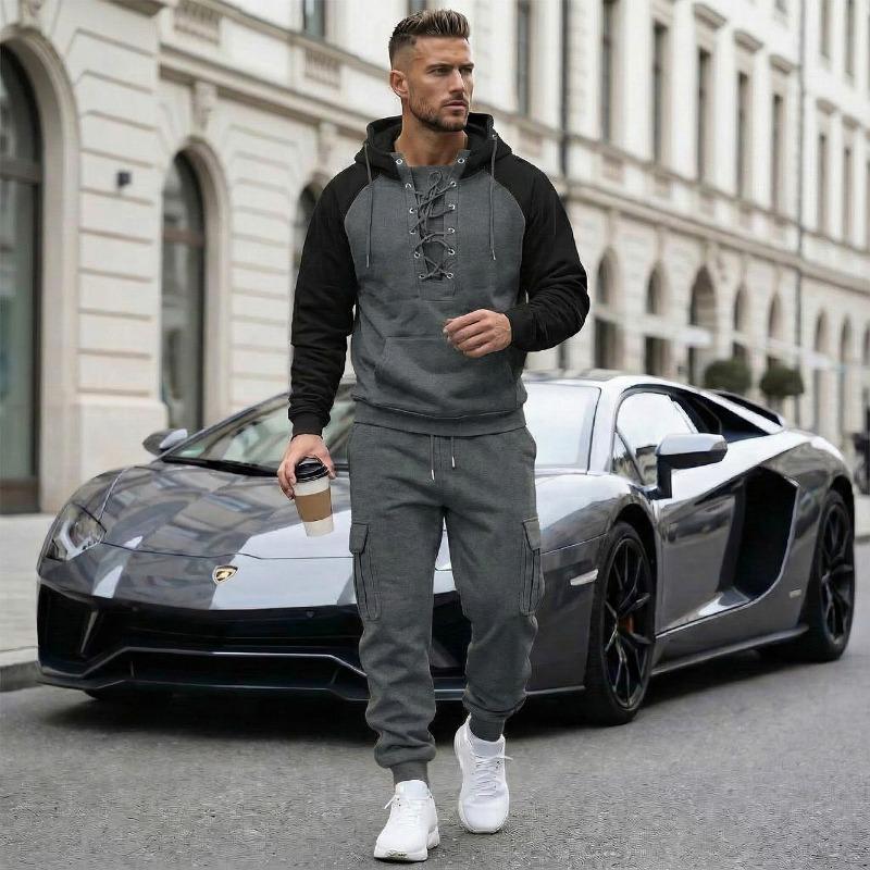 

Mens 2 Piece Tracksuit Hooded Lace Up Sweatshirt And Cargo Jogger Pants Set S серый