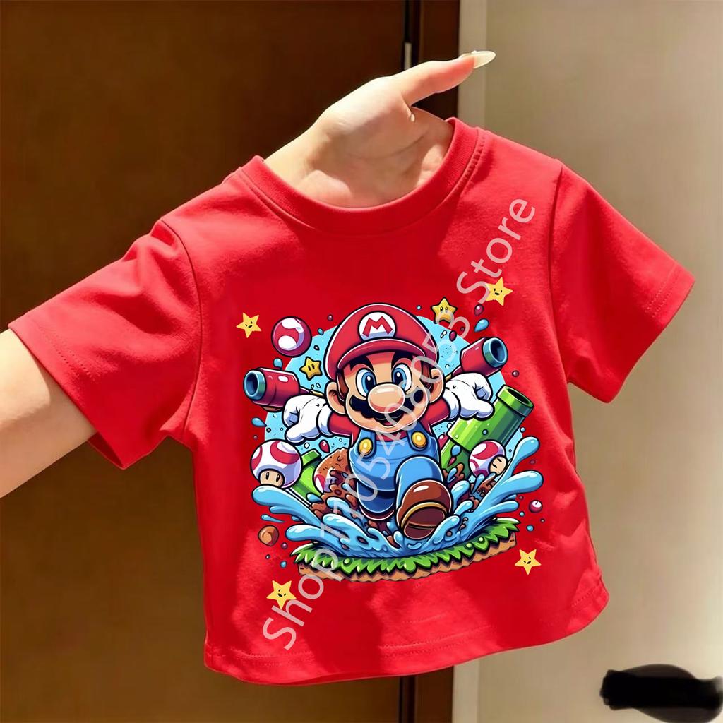 Super Marios Tshirt for Children Cartoon Anime Clothes Round Collar Clothing Short Sleeve Kid Summer Tee Top