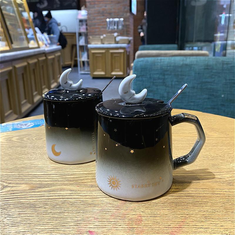 Creative Cup Literary Girl Mug Simple Gradient Color Starry Sky Big Belly Ceramic Water Cup with Lid and Spoon