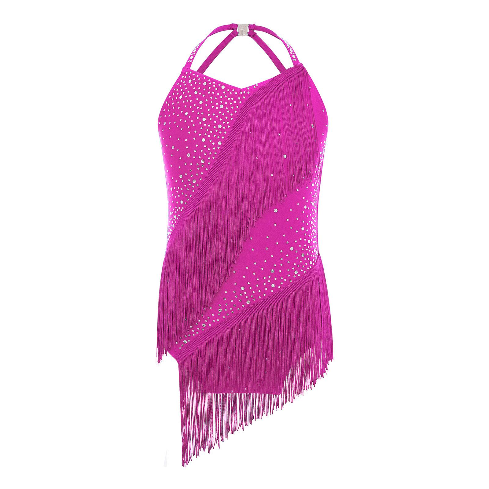 

Girls Latin Dance Costume Sleeveless Halter V Neck Backless Shiny Rhinestones Tassels Leotard 13-14 Years гарячі рожевого кольору