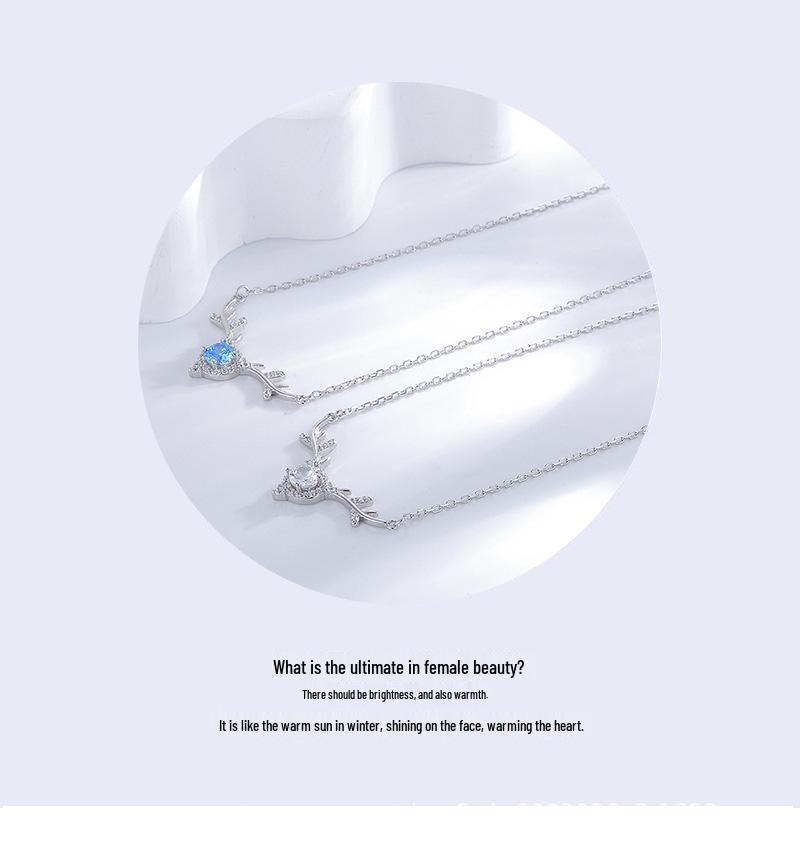 Korean Japanese Style Sterling Silver Elk Antler Necklace for Women - Simple, Sweet, and Fashionable Collarbone Chain Jewelry