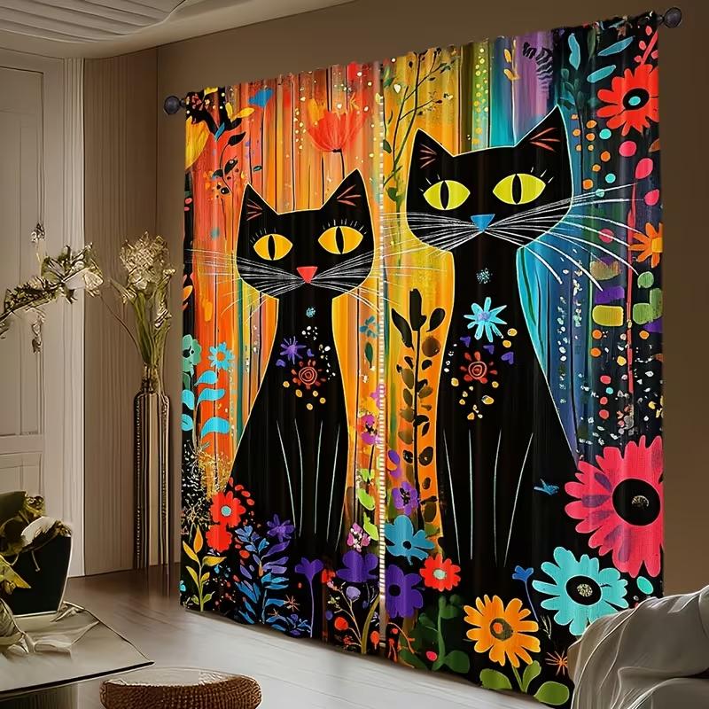2pcs, Rustic Animal Cat Curtains, Decorate Window Rod Pocket Mount Printed Curtains Polyester Material, Suitable for Living Room