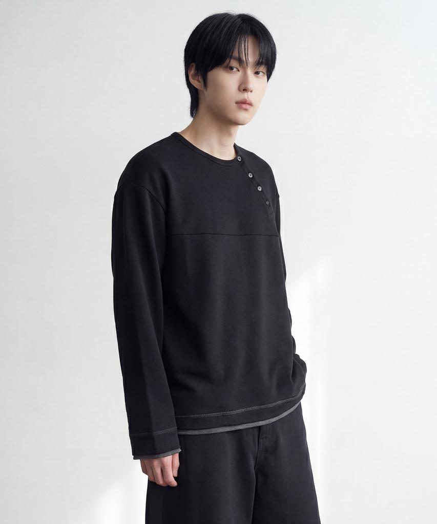 Awodeijeu Layered Stripe Henley Neck Long Sleeve [Black]