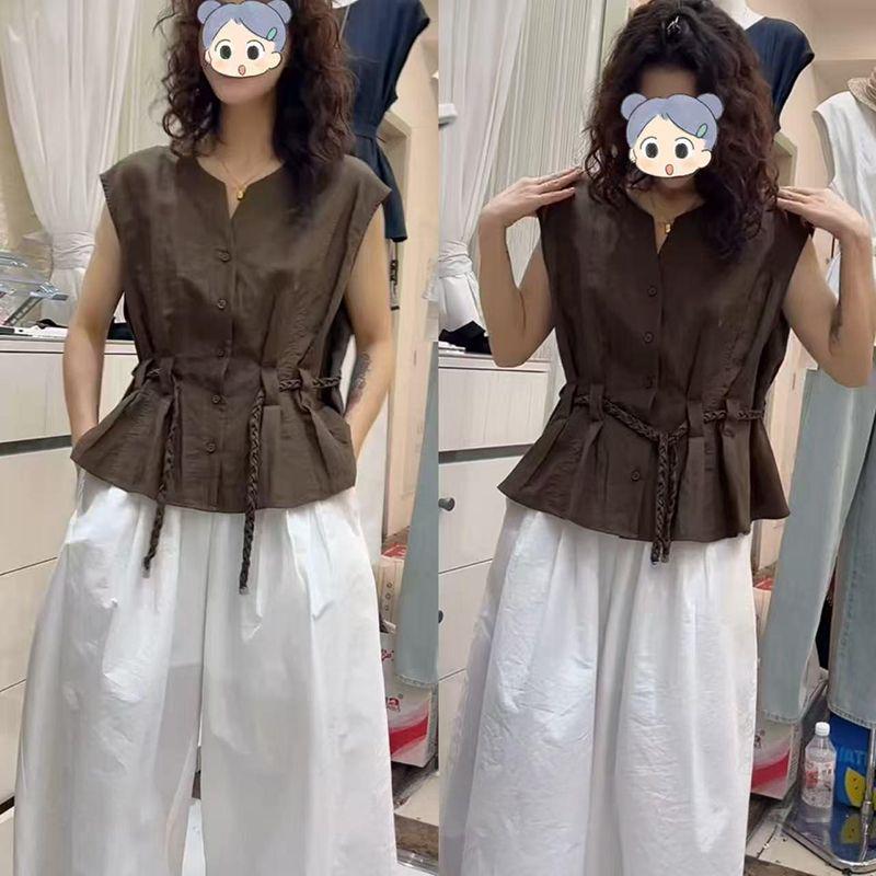 Chic Women's Summer Commuting Set: Sleeveless Round Neck Top & Wide-Leg Pants