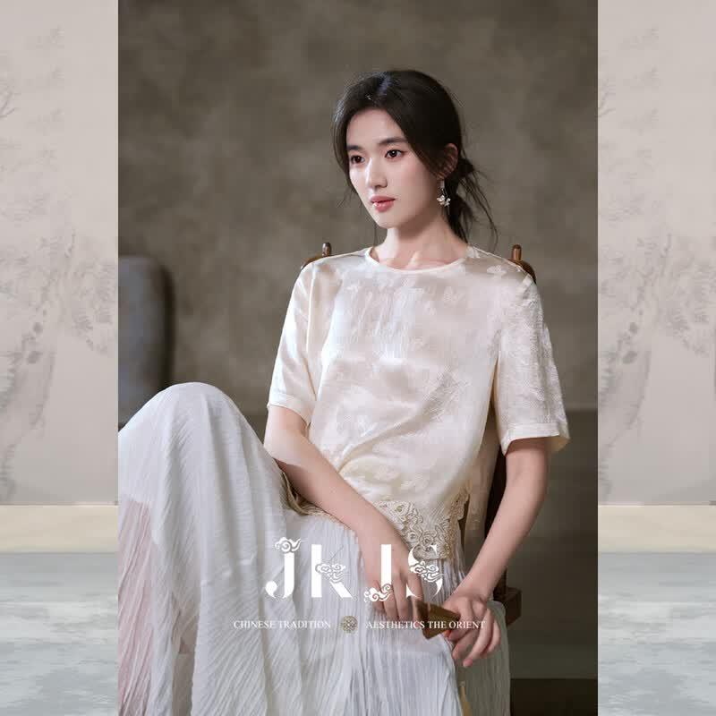 JK&JS Women s Acetate Jacquard Hollow-out Short Sleeve T-shirt L