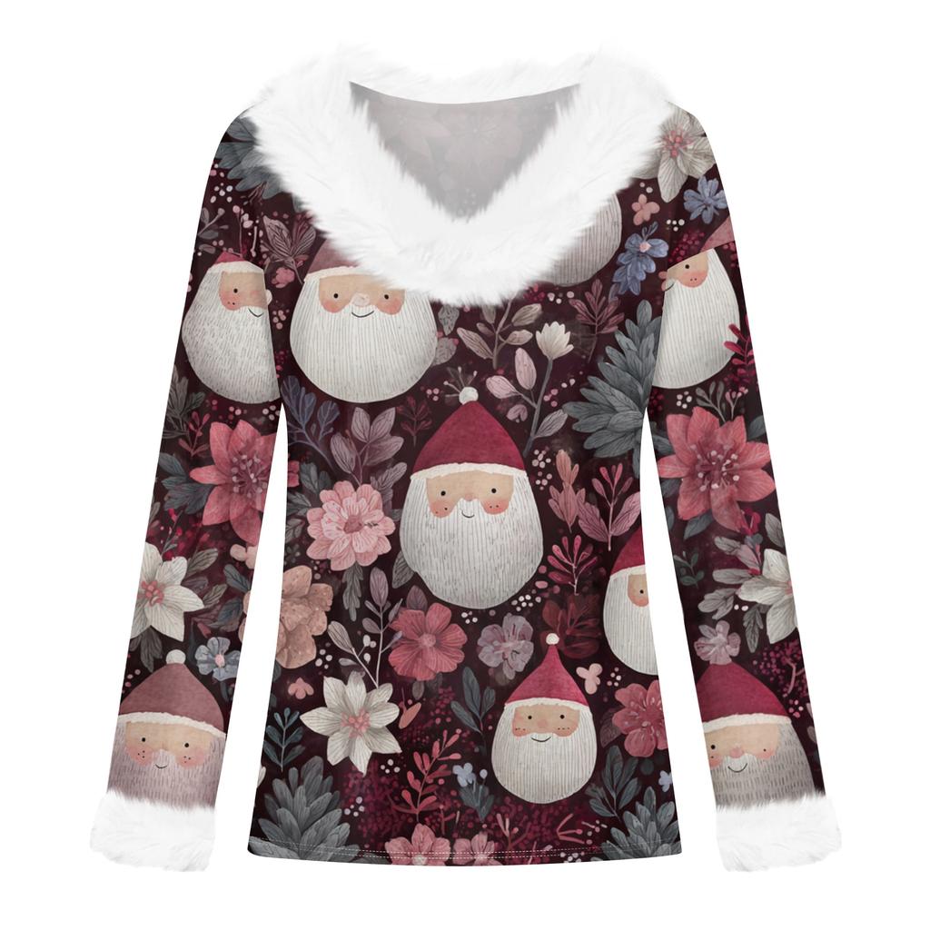 Women's Casual Fashion Long Sleeve Christmas Printed Flannel Collar Top