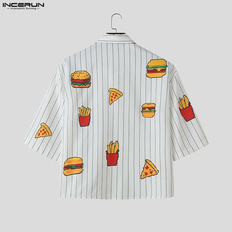 INCERUN Men Tie Lapel Neck Short Sleeve Button Down Cartoon Print Casual Cropped Shirts