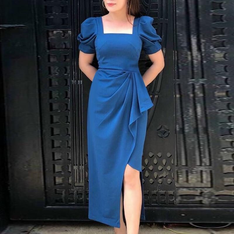 

ZANZEA Женское повседневное элегантное платье с квадратным вырезом, летнее, с коротким рукавом M синий