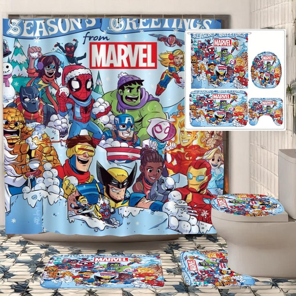 Hulk Power Bathroom Set 4PCS! Angry Green Face Full Print Waterproof Shower Curtain with Mat, Marvel Avengers Decor Gifts