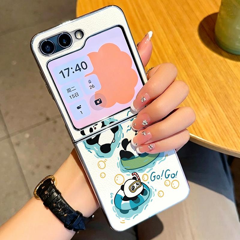 Lovely Baby Panda Print Case For Samsung Galaxy Z FlIP 7 FE 6 5 Z Flip7 Flip6 Flip5 Luxury Plating PC+PU Leather Hybrid Folding Phone Cover