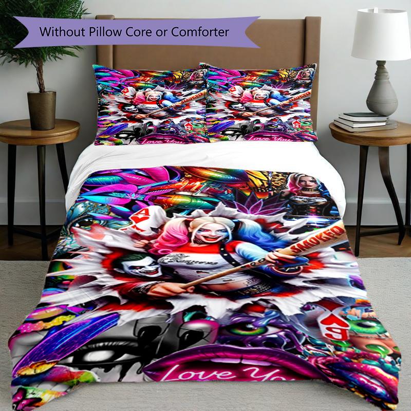 3pcs Duvet Cover Set (1*Duvet Cover + 2*Pillowcase, Without Core), Harley Quinn Joker Print Bedding Set, Bedroom Decor, All‑Season, Birthday Gift