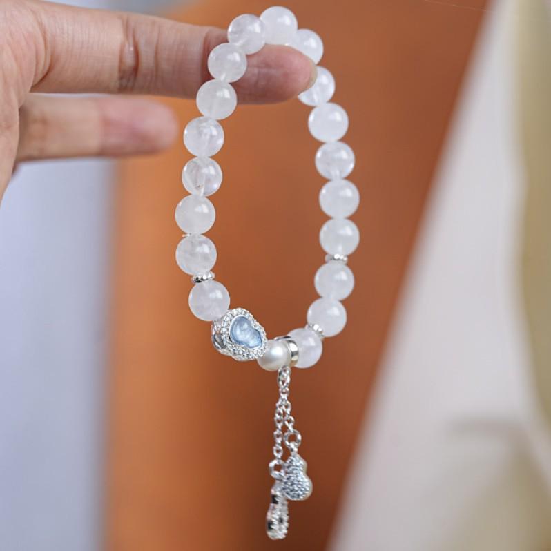 Pink Crystal & White Pearl Beaded Bracelet with Retro Gourd Pendant for Women