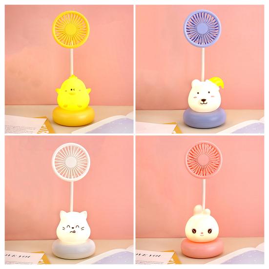 Cartoon Animal Night Light Fan with Flexible Neck USB Rechargeable Bedside Light Desk Fan Low Noise Cooling Fan with Night Lamp