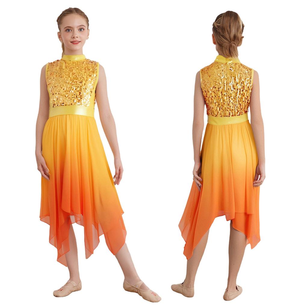 Girls Liturgical Dance Dress - Sleeveless Mock Neck Tunic with Asymmetrical Hem & Shiny Sequins for Worship Performance