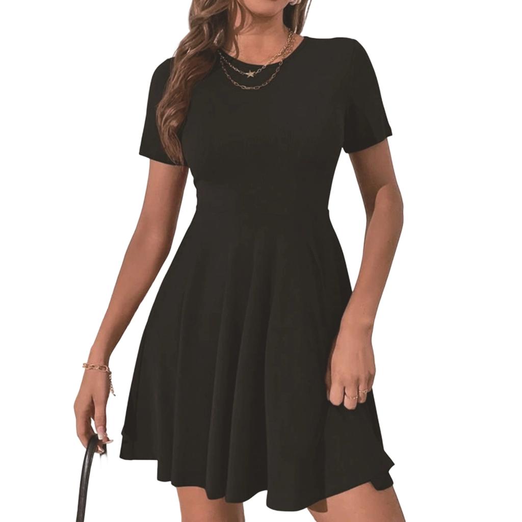 Ladies' Casual Solid Color Round Neck Short Sleeved Dress