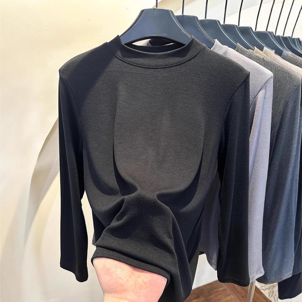 Trendy Women's Ribbed Cotton Stand-Up Collar Long Sleeve Base Shirt for Spring 2025