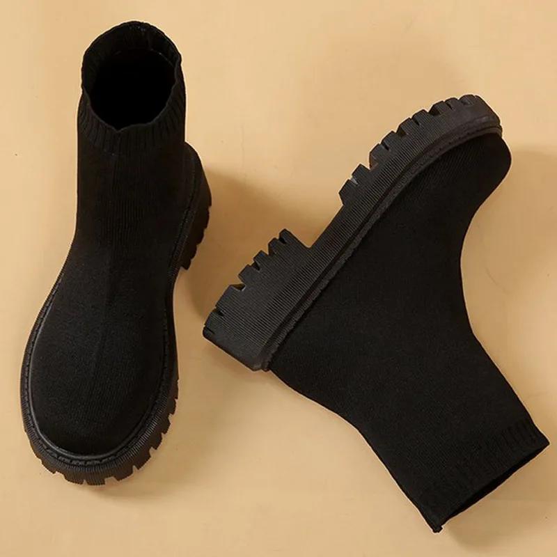 SyfIyno Neue Socken Schuhe Frau Stretchstoff Mid-Calf Lässige Plateau-Stiefel Netzrot Gestrickte Kurze Stiefel Damen Übergröße Stiefeletten