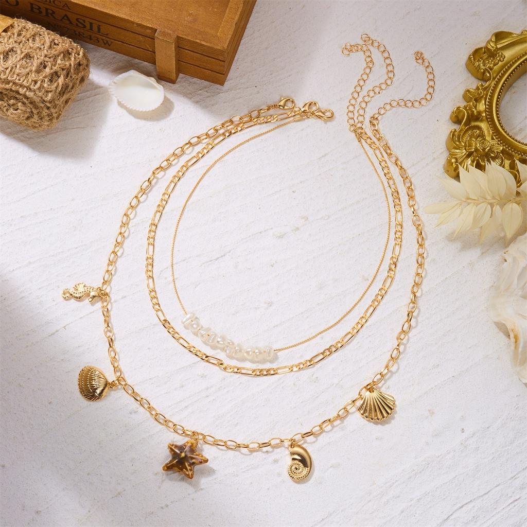 Mehrschichtige Keramik Seestern Muschel Schnecke Seepferdchen Quaste Halskette Für Frauen Männer Imitation Perlen Choker Sommer Ozean Strand Schmuck