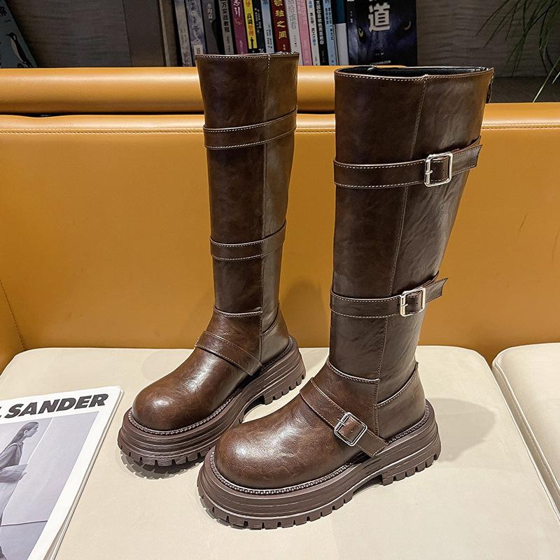 

British style thick-soled knight boots women s 2025 autumn new retro versatile and thin sweet and cool buckle boots 40 коричневий