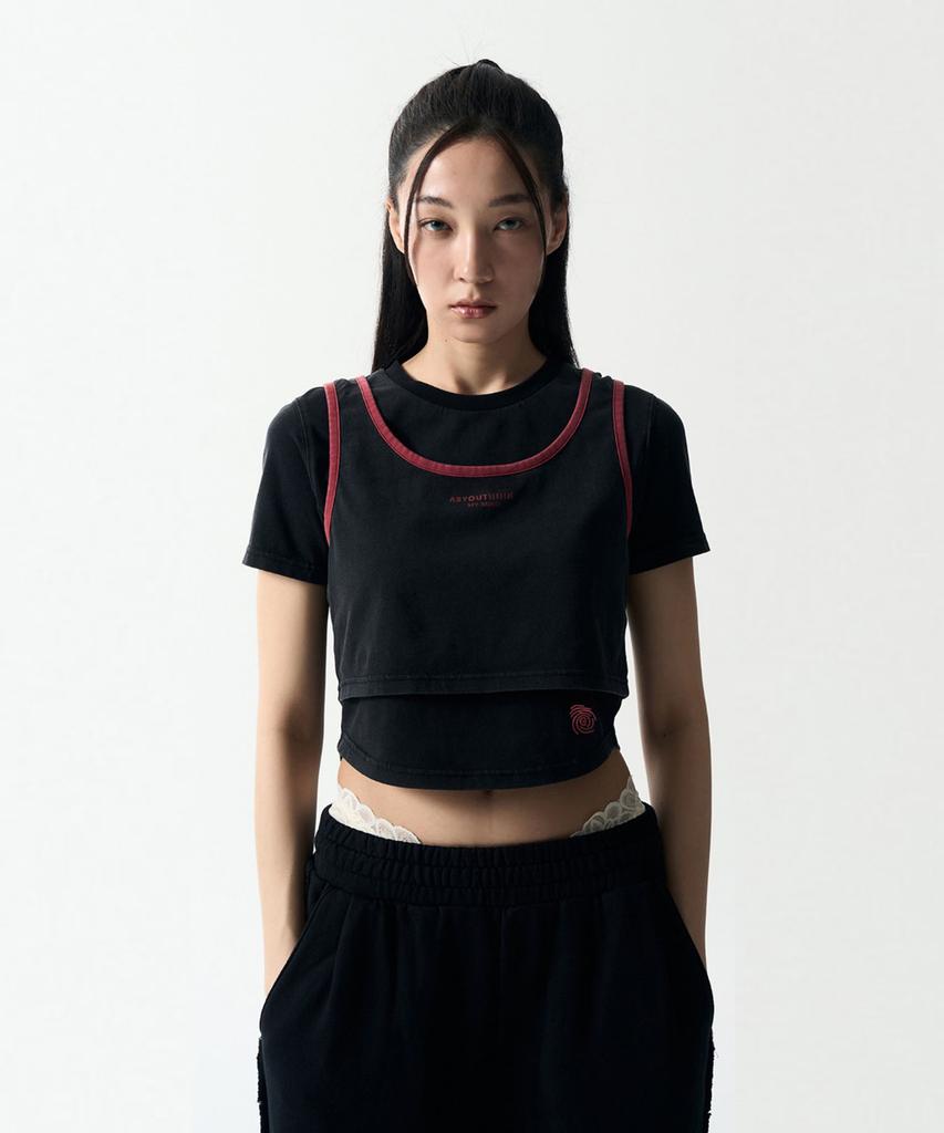 Aejyuttingkeumamaindeu Dual Layered Setup Crop Top_Black
