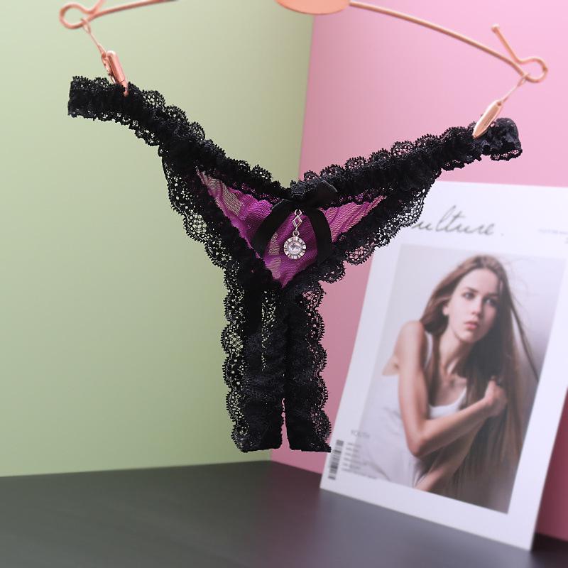 Sexy Lace Open Crotch Thong: Low Waist, Sheer Mesh with Removable Pendant Japanese Style