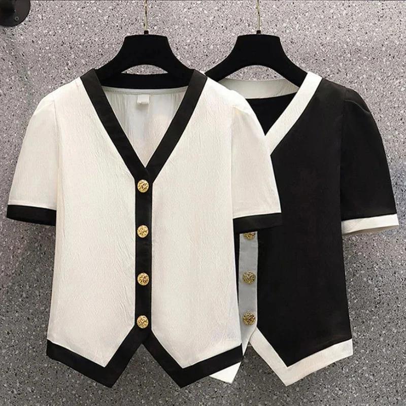Women's Black Contrast Trim V-Neck Top Short Sleeve Button Front Casual Blouse