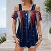 Plus Size Women Cold Shoulder Flutter Sleeve T Shirt Vintage Usa Star Stripe Brush Print Short Sleeve Top
