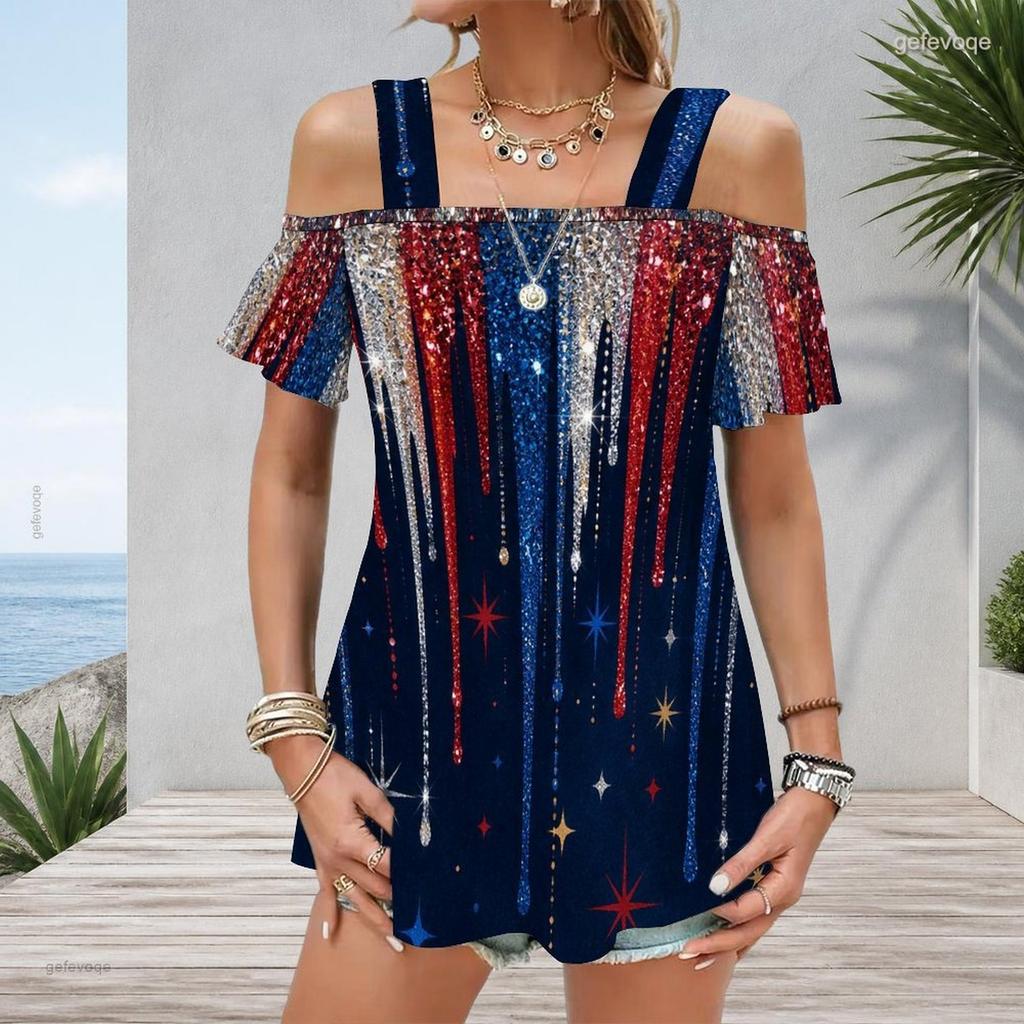 Plus Size Women Cold Shoulder Flutter Sleeve T Shirt Vintage Usa Star Stripe Brush Print Short Sleeve Top