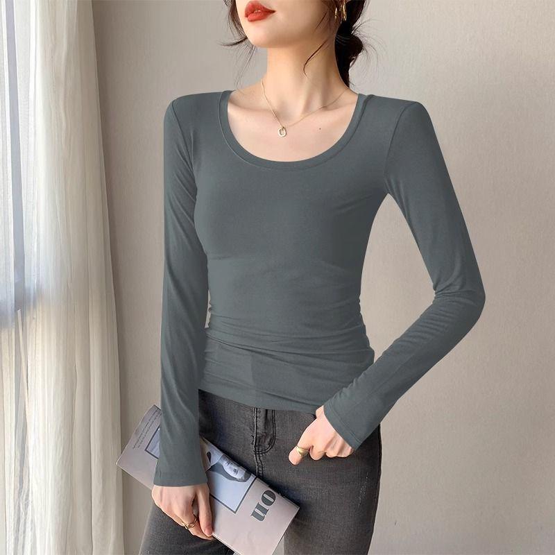 Women's Black Modal Crew Neck Long Sleeve Base Layer Top - Slim Fit, Low Neck Design for 2025 Autumn/Winter