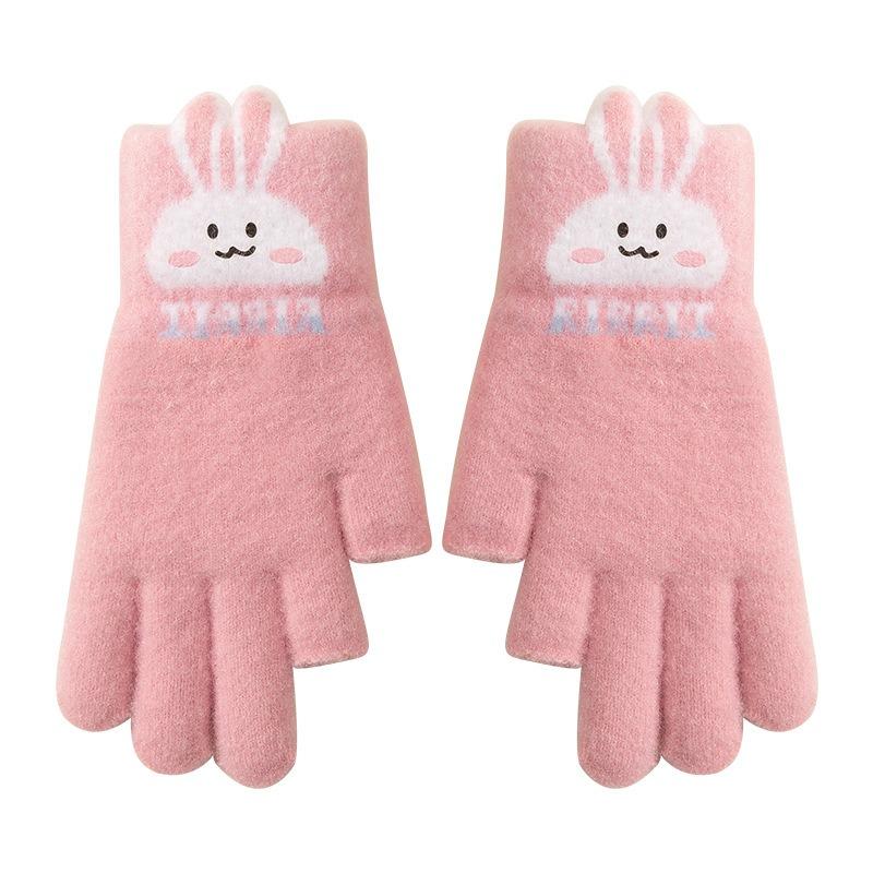 Dew Two Fingers Knitted Wool Fleece Thickened Warm Primary School Students Writing Cold-proof Girls Winter Cute Gloves Children