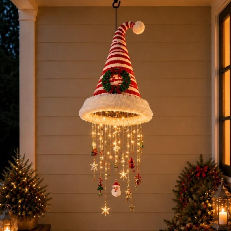 LED Santa Hat Hanging Light Christmas Hat Pendant Lamp with Tassel Bell Star Ornaments Xmas New Year Party Decoration Light