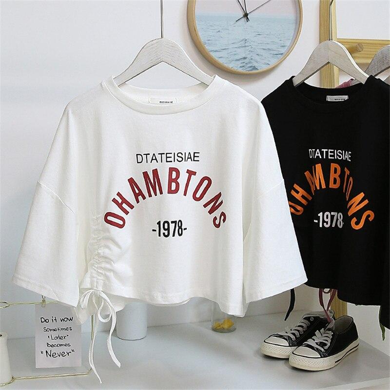 Drawstring Ruched Short Sleeve Tank Tops Tee Women Printing Casual Fashion Crop Top Ladies High Street Tank top Summer Cloth