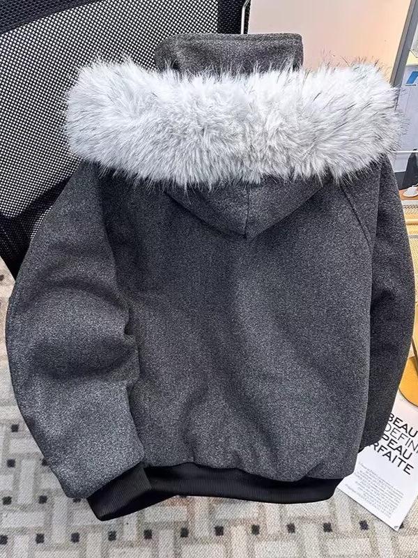 Zuoshandiao Unisex Hooded Wool Jacket with Fur Collar - Warm, Thick Cotton Outerwear for Autumn/Winter