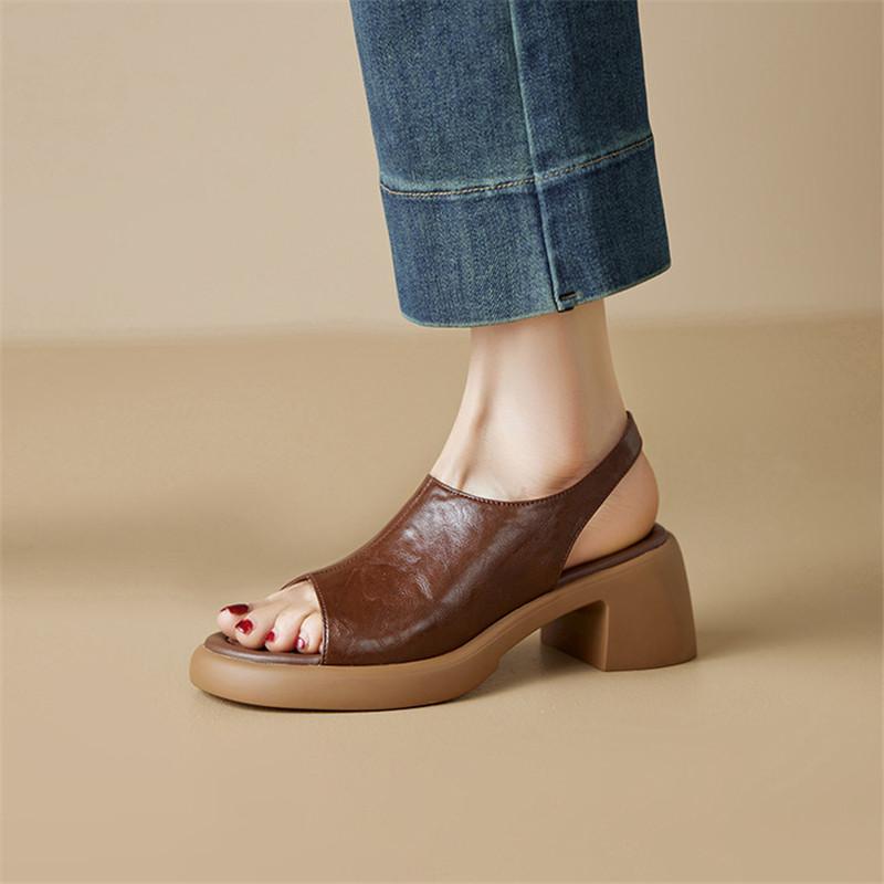 Fashion New Split Leather Summer Sandals Round Toe Sandals for Women High Heels Fashion Chunky Heels Sandal Platform Shoes Ladies Shoes