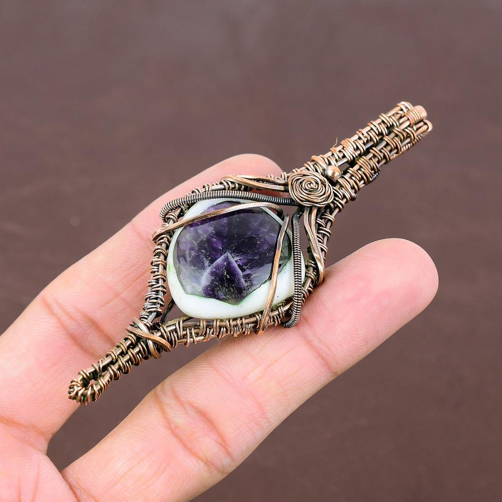 Natural Sage Amethyst Gemstone Handmade Copper Wire Wrap Pendant 3.94" U4j71