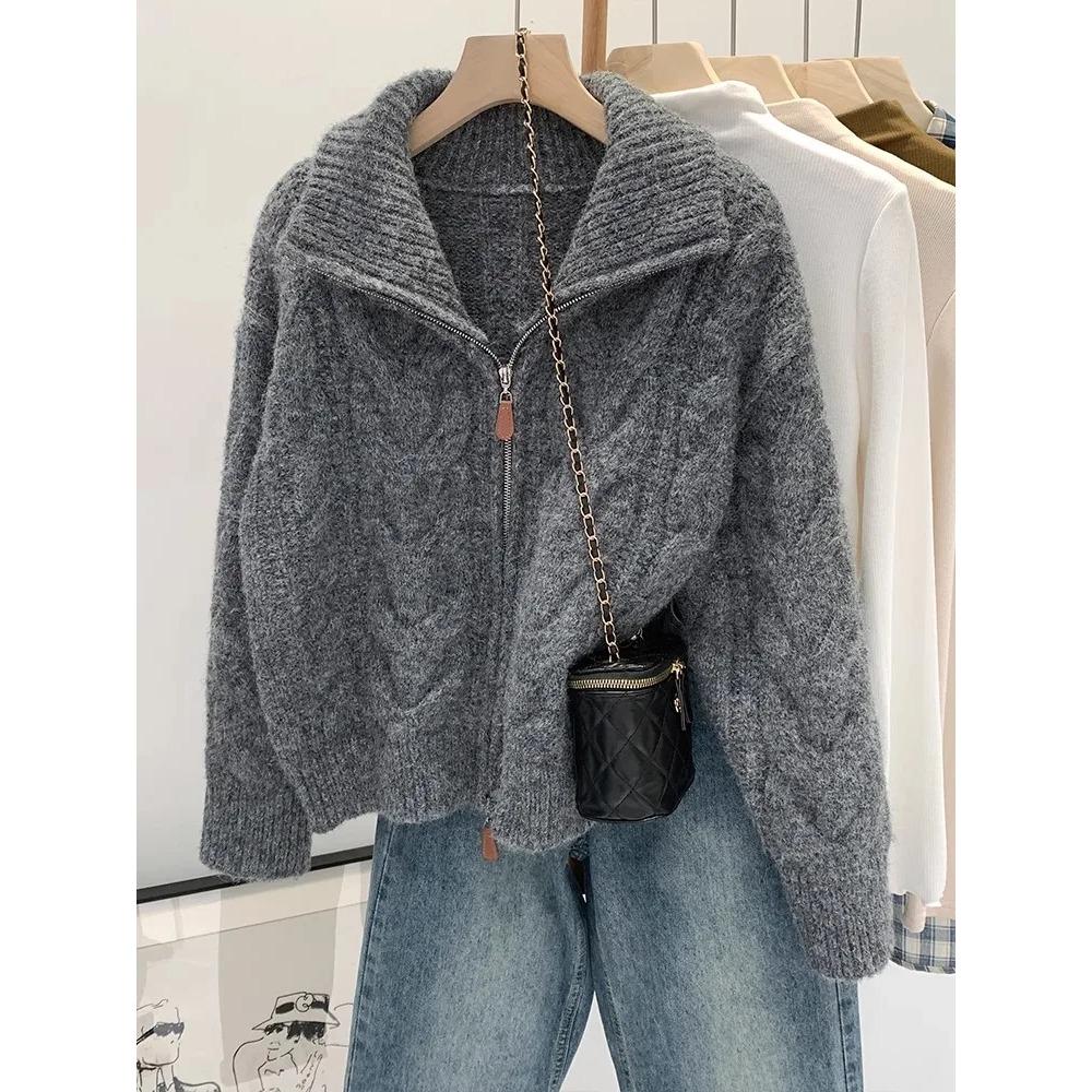 Women Fall Winter Casual Loose Knitted Cardigan Retro Solid Double Zipper Turn-down Collar Sweater Thicken Loose Tops