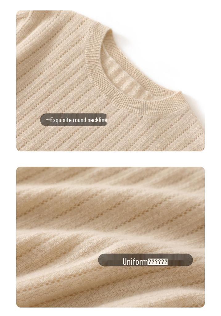 Women's Pure Cashmere Vertical Stripe Hollow Round Neck Sweater - Autumn/Winter 12-gauge Single-ply