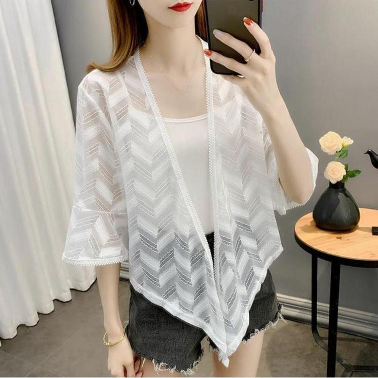 Hollow Out Chiffon Cardigan Sunscreen Jacket for Summer Paired with Lace Thin Outerwear Women's Shawl