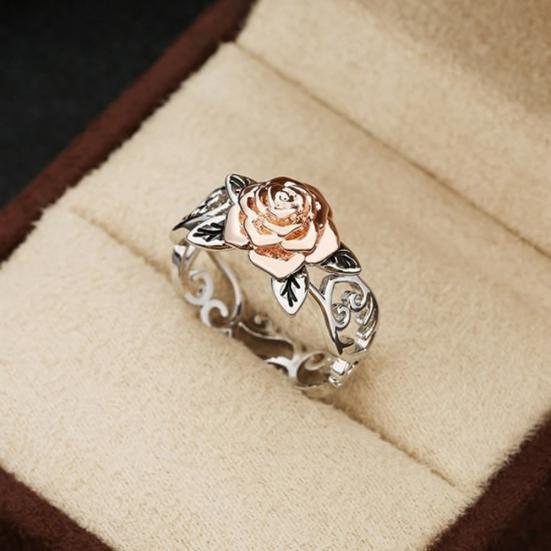 Elegant Two Tone Women Rose Flower Hollow Band Finger Ring Wedding Jewelry Gift