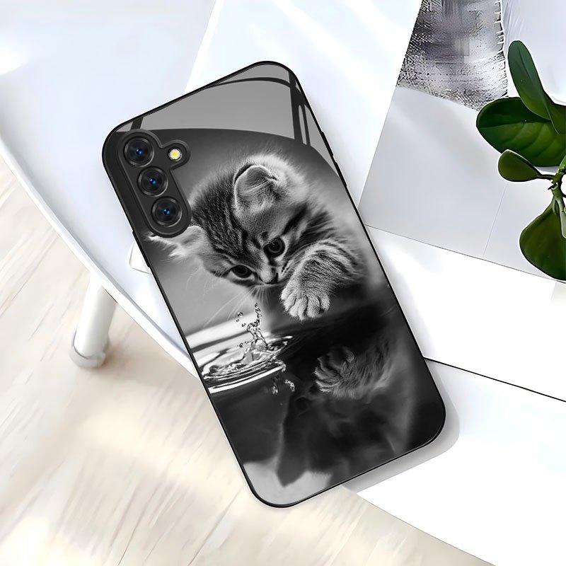 Black Cat Pattern Black Glass Phone Case Suitable for Samsung Galaxy S26 S25 S24 S23 S22 S21 S20 FE/Ultra/Plus Anti Drop