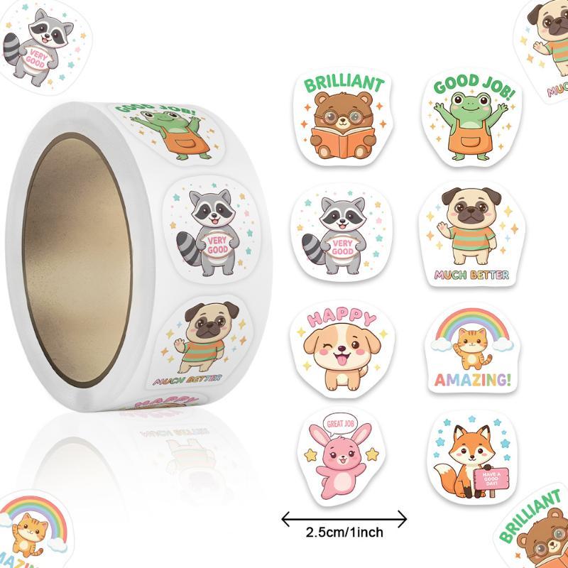 Cartoon Animal Encouragement Roll Stickers Self Adhesive Waterproof Reward Decals Teacher Classroom Diy Scrapbook Journal Decor