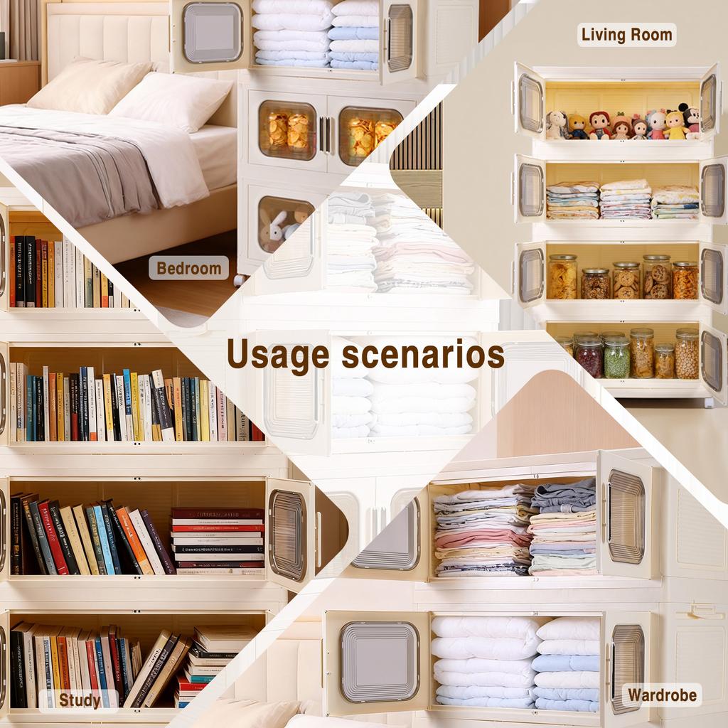 4 Pack Foldable Storage Box with Wheels and Magnetic Doors Stackable Storage Container Plastic Storage Bins for Home and Office