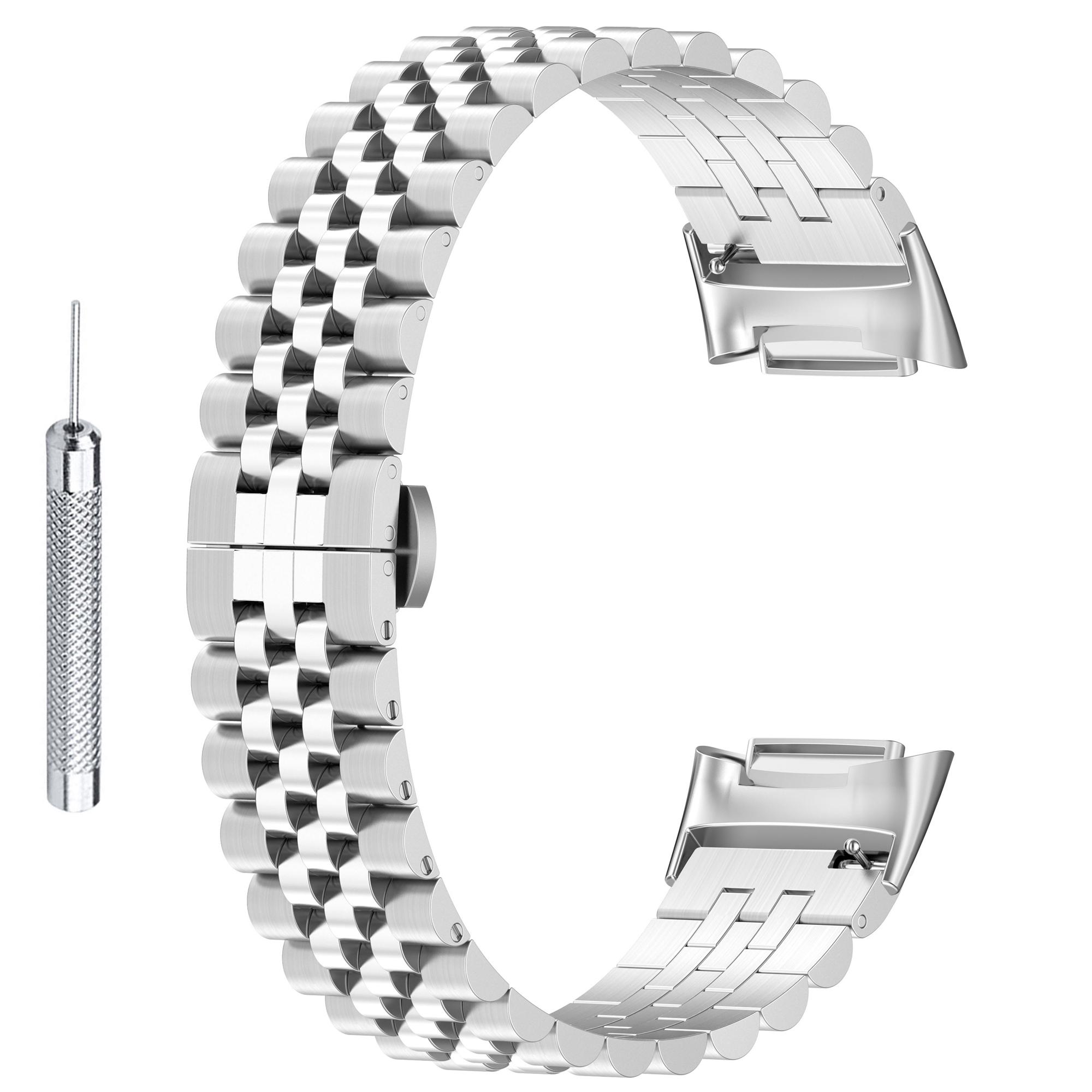 

Для Fitbit Charge 6/5 Ремешок для часов из нержавеющей стали Застежка-бабочка 5 звеньев Замена ремешка для часов с инструментом Silver