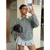 Womens Striped Button Polo Collar Long Sleeve Casual Loose Sweatshirt
